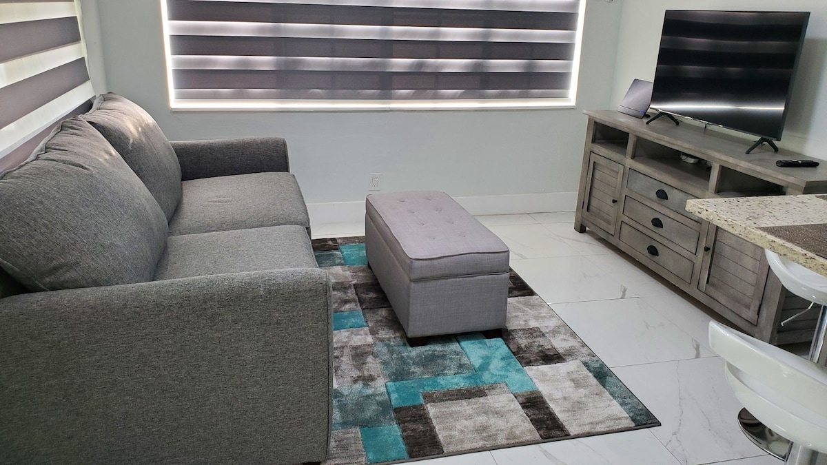 A cozy seating area features a gray sofa positioned against a wall with dual-toned shades, complemented by a square ottoman in front. A contemporary area rug with a mix of blue and gray tones lies beneath. A television is placed on a wooden console nearby.