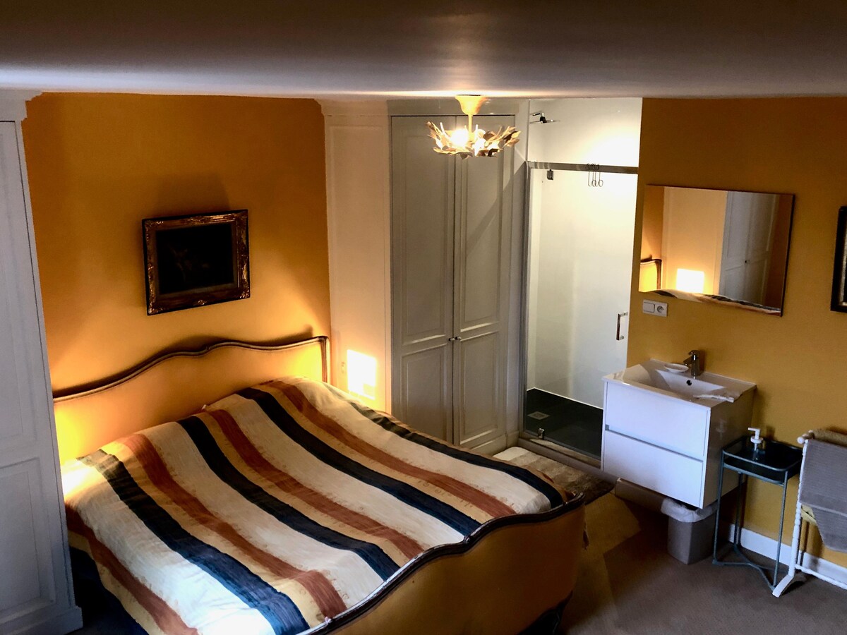 A spacious bedroom features a large bed with a striped blanket, complemented by warm yellow walls. A modern bathroom with a walk-in shower is visible, along with a basin and a mirror. Soft lighting enhances the inviting atmosphere of the room.