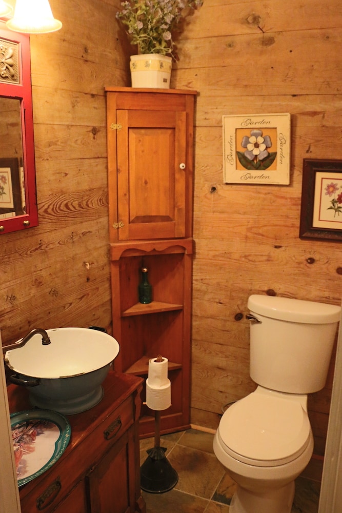 The bathroom features rustic wooden walls and a decorative shelf unit. A traditional sink with a vintage basin is positioned next to a modern toilet. Decorative elements include framed artwork and a small flower arrangement, creating a cozy space.