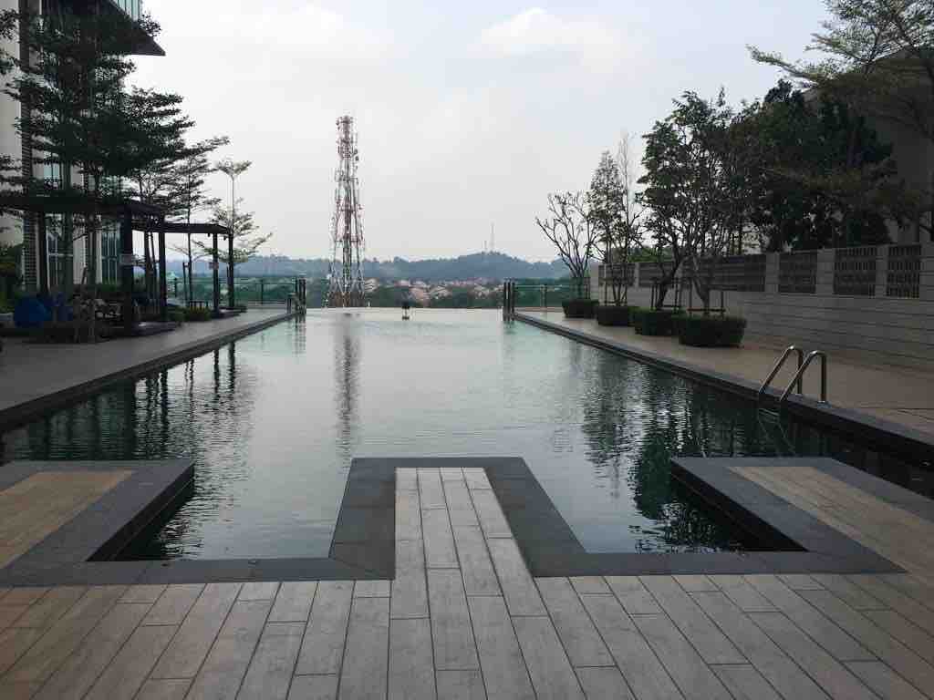 An expansive infinity pool is visible, blending seamlessly into the horizon. Surrounding the pool are neatly arranged potted plants and contemporary seating areas. The backdrop features distant hills and a calm sky, while a communication tower is positioned to the left.