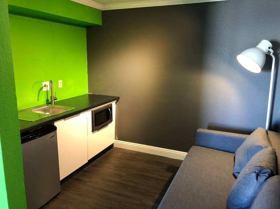 Kitchenette and convertible sofa/bed.