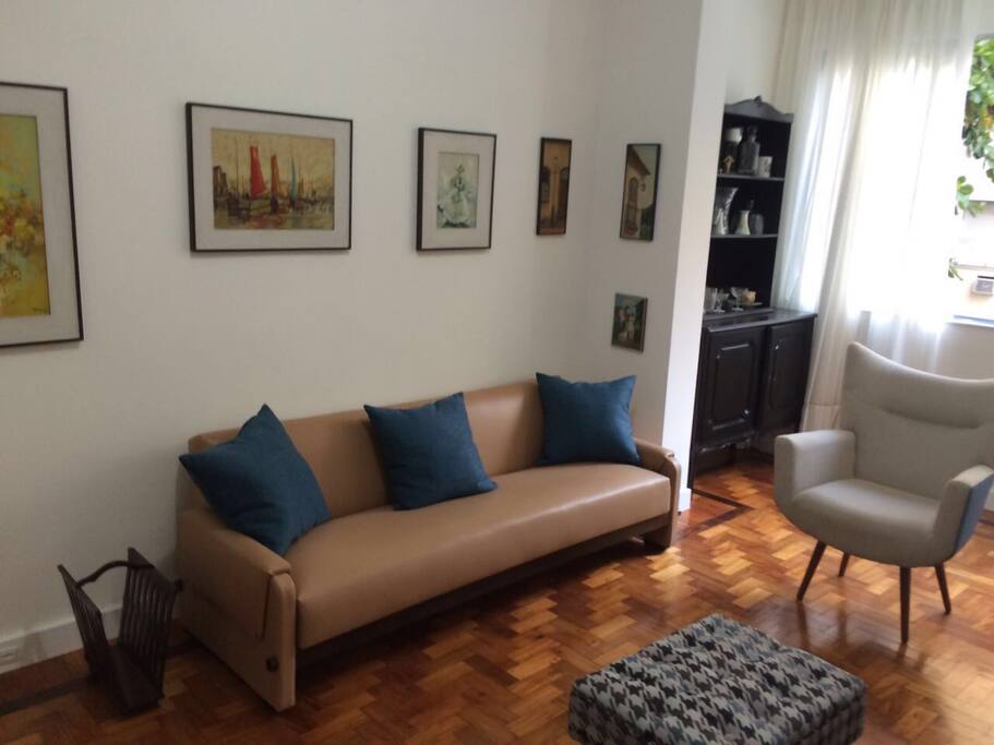 Sofa com revestimento e almofadas novas na sala de TV