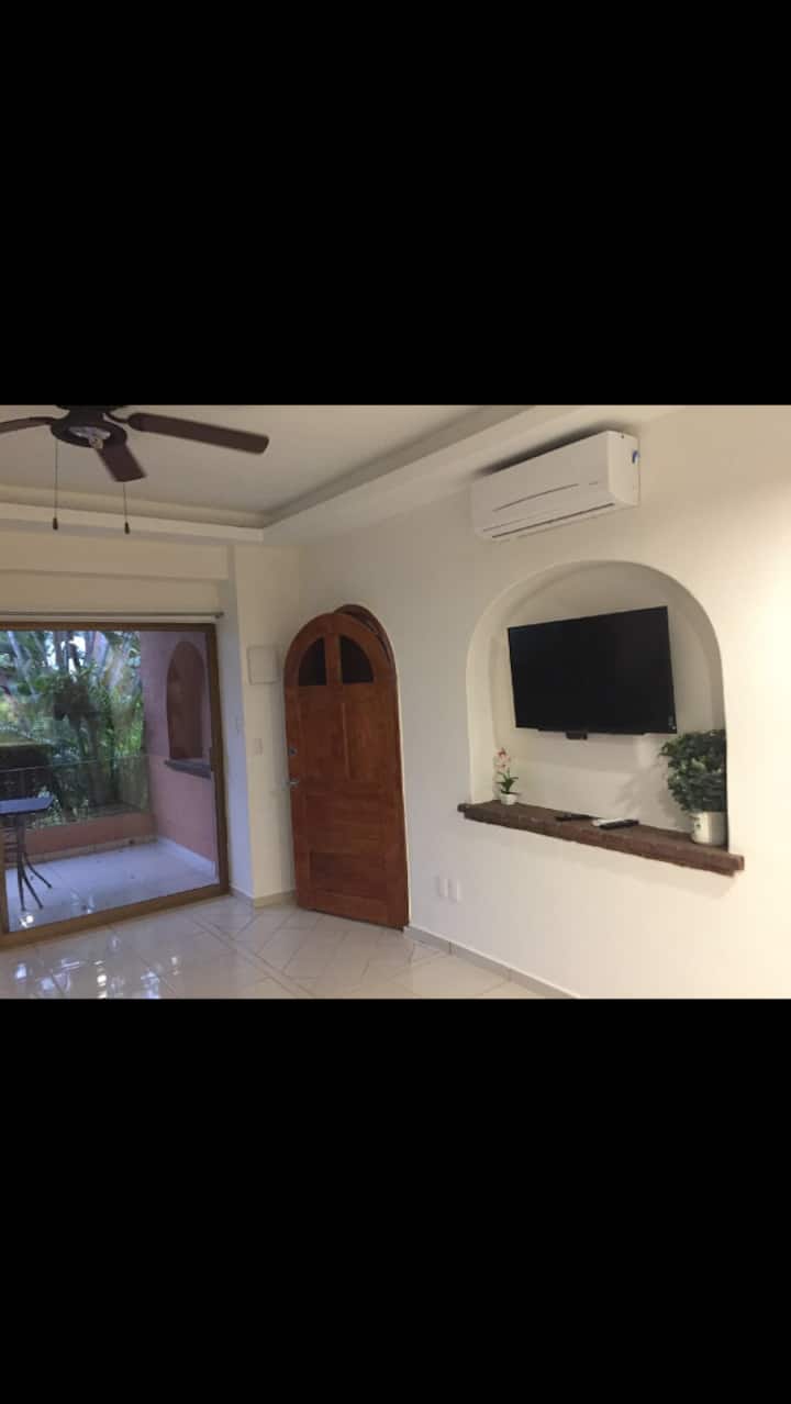 前门、电视、带滑动屏风门的后院滑动玻璃门