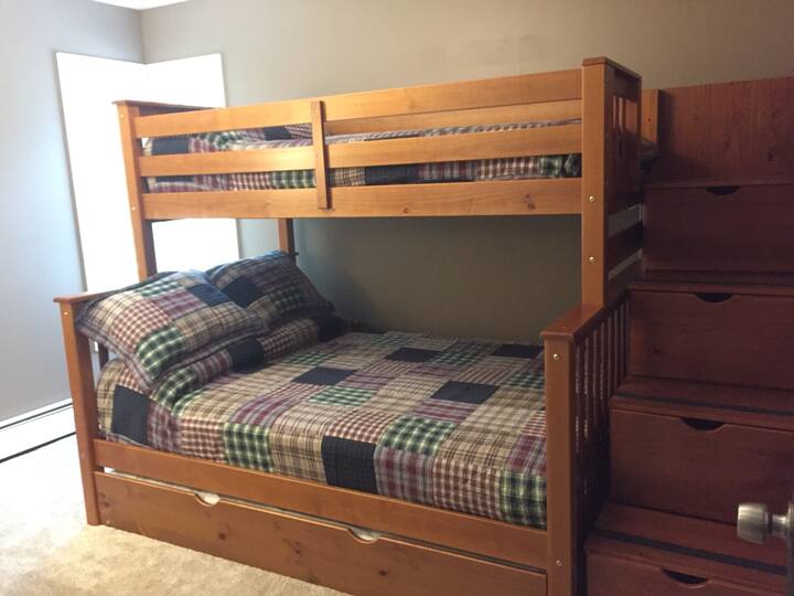 Bedroom two: bunk bed with full on bottom, twin on top & twin pull out under the full. Can sleep family of 4