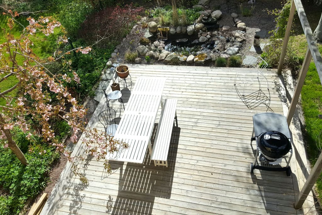 Lummig trädgård med grill