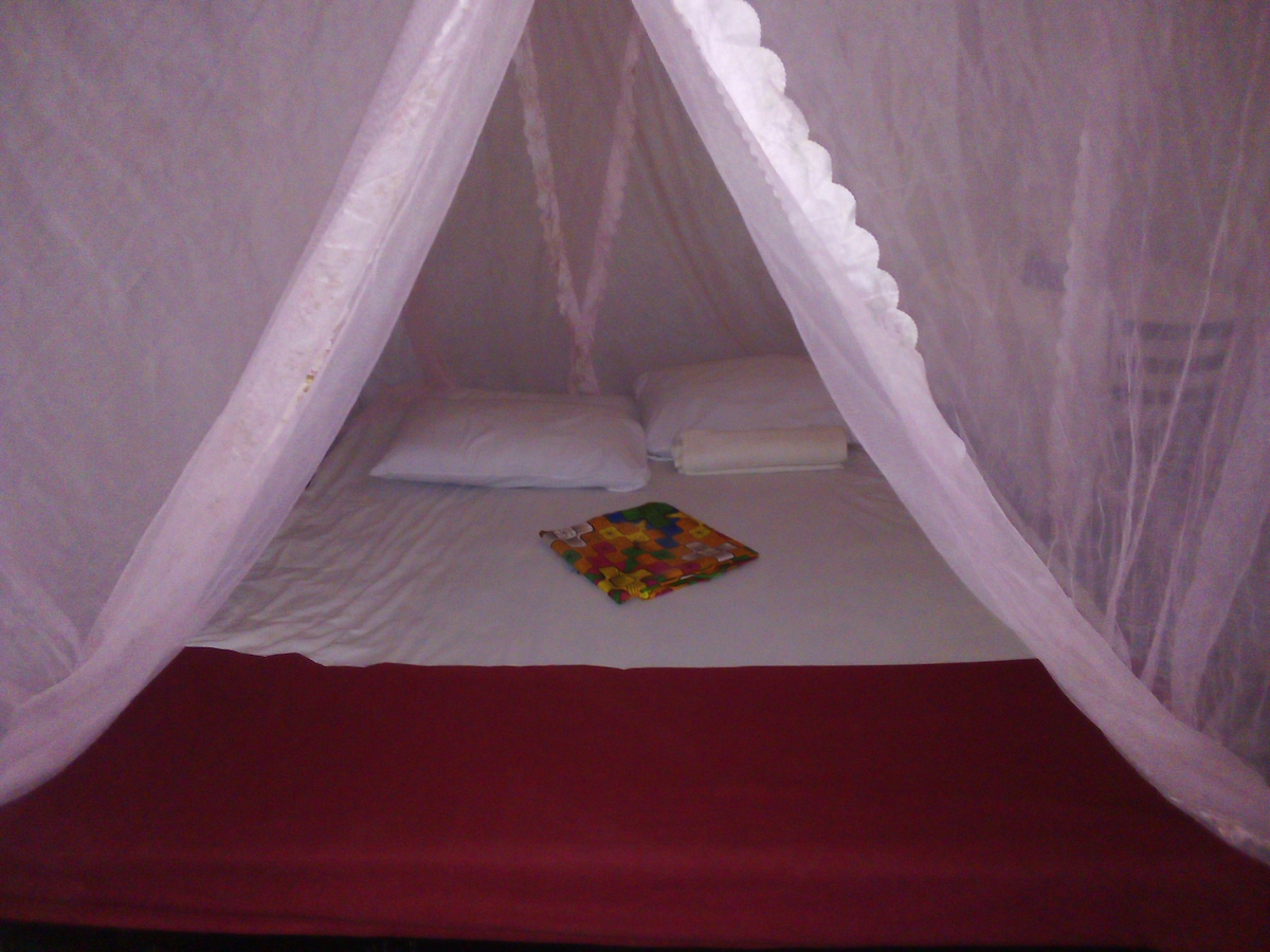 A spacious bed is draped with a light mosquito net, creating a cozy sleeping area. Two white pillows and a folded blanket are placed at the head of the bed. A colorful magazine is positioned on the mattress, adding a touch of vibrancy.
