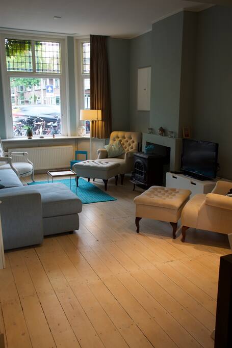 Living room with fireplace and television
