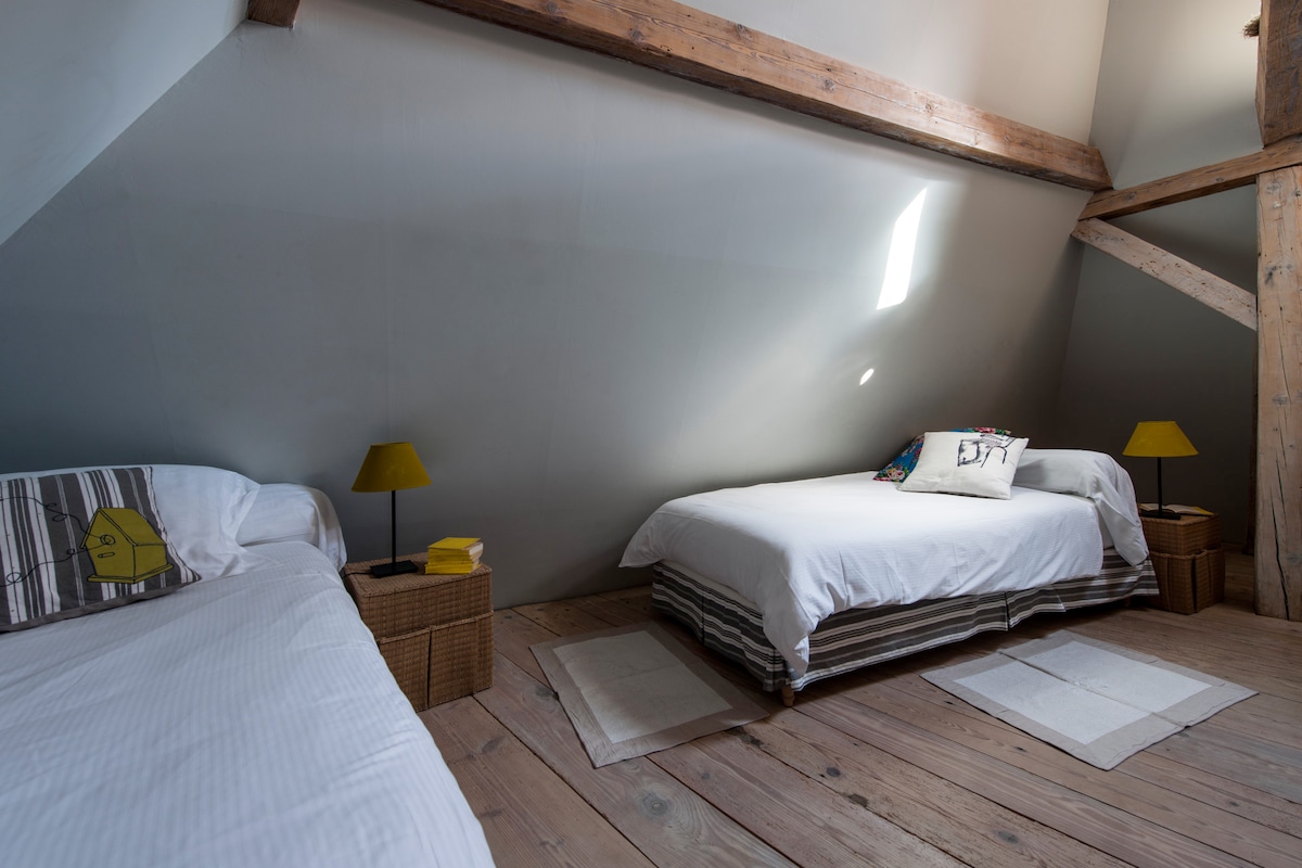 Habitación para 2 personas: 2 X cama individual (90X200). Posibilidad de crear una cama de matrimonio.  1 ventana de techo al lado del patio. 