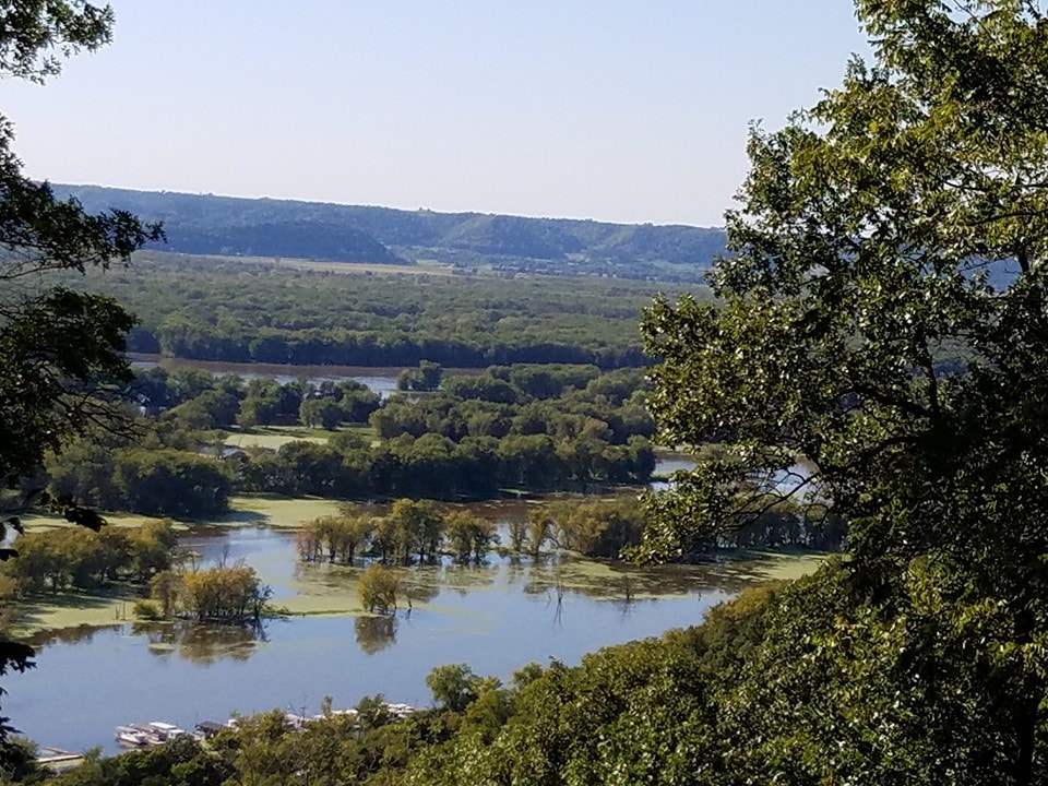 A scenic view overlooks the sprawling Mississippi River, framed by lush green trees. The shimmering water reflects a clear blue sky, with distant hills providing a natural backdrop. Expansive wetlands and wooded areas are visible, contributing to the tranquility of the landscape.