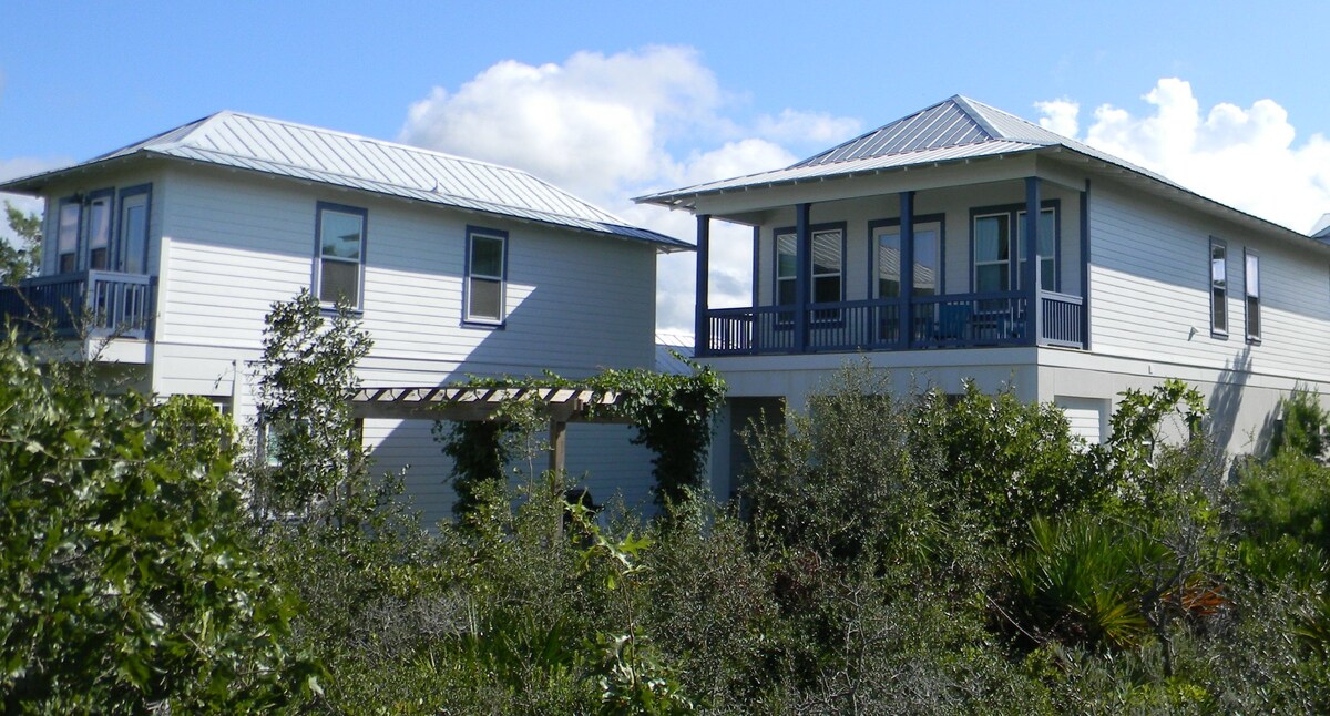 A contemporary home is shown, featuring a light-colored facade with a metal roof. The structure has a welcoming front porch with blue accents. Surrounding lush greenery complements the modern design while providing a natural feel. The clear sky adds brightness to the scene.
