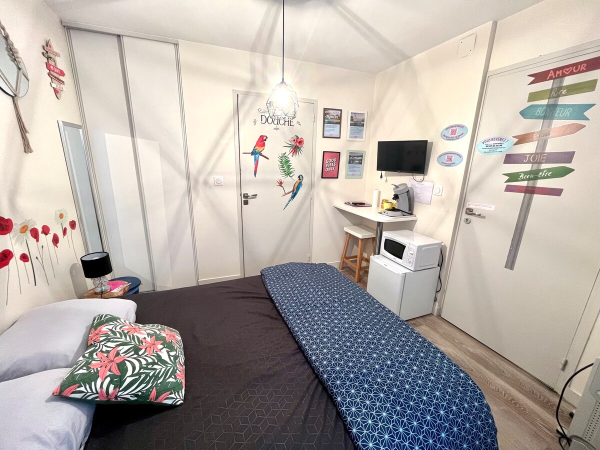 A compact and independent room features a double bed with decorative pillows, a mounted TV, and a small microwave. A writing table and a mirror add functionality, while wall art with vibrant colors enhances the unique decor. Light is provided by a hanging lamp.
