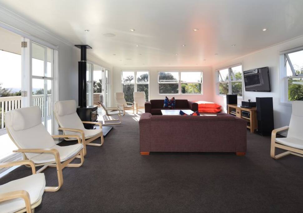 Comfortable lounge seats 12 with ease, plus bean bags for six.