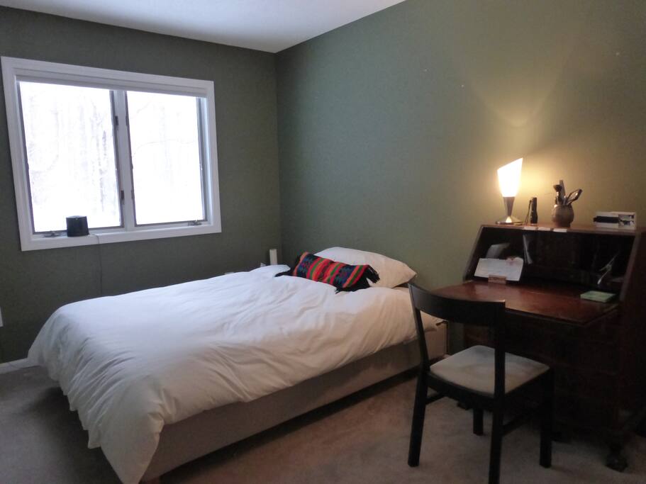 Bedroom with queen size bed, closet, and desk. WIFI free.