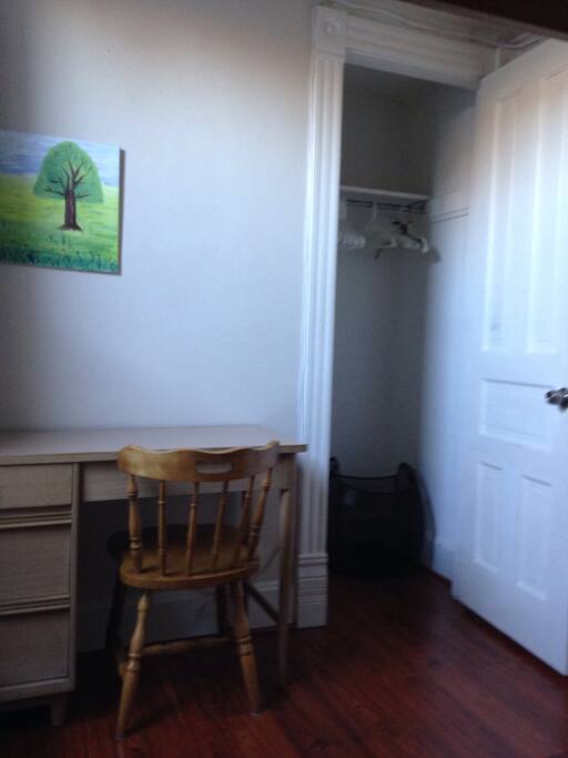 Deep closet with plenty of hangers; desk and chair in your room for private work space.