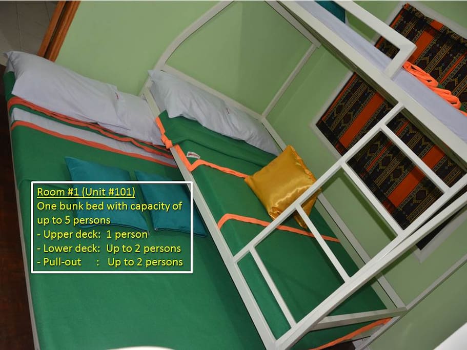 Bedroom #1 (Condo Unit #101)
--------------------------------------
Bedroom #1, with one bunk bed, has a capacity of up to five persons:
- Upper deck: Sleeps one person
- Lower deck: Sleeps up to two persons
- Trundle (pull-out): Sleeps up to two persons