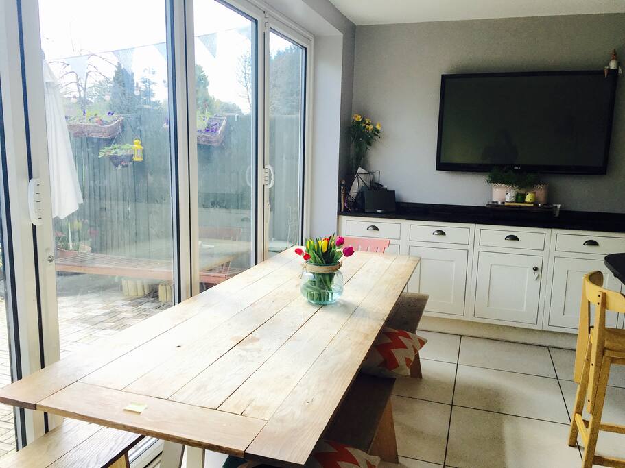 Dining Table and benches which seat upto 12 people - highchair available too