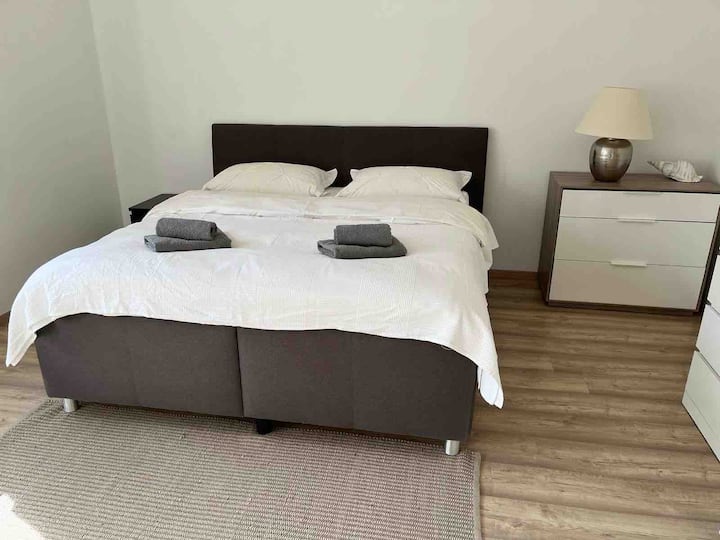 إطلالة على غرفة النوم الرئيسية، مزودة بحامل ليلي وخزانة ملابس وخزانة ملابس كبيرة ومرآة كبيرة من الأرضية إلى السقف.