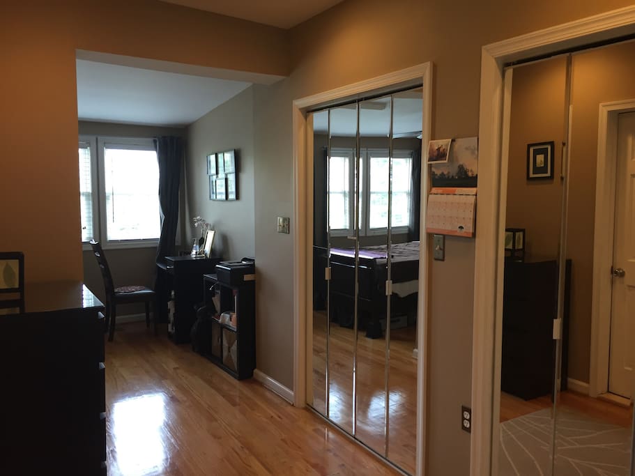 The mirror-fronted closet on the left is exclusively for guests, so there is plenty of room to hang your clothes.