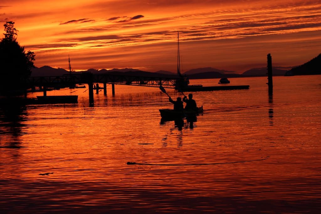 The colours of the sunset are different every evening, but these lucky kayaking guests saw orca whales jumping in this beauty of a sunset.