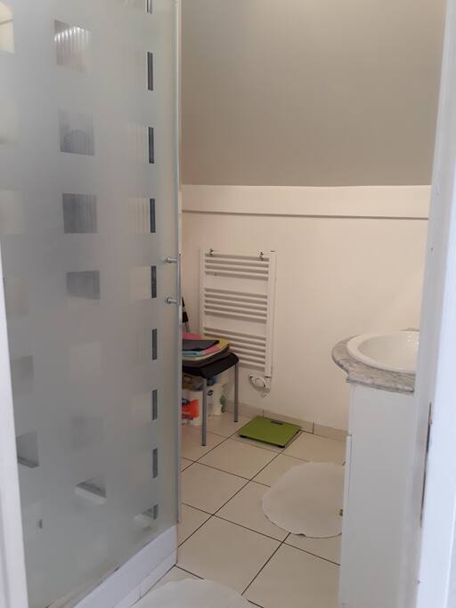 Coin salle de bain avec 1 lavabo, 1 toilette et 1 cabine de douche avec une sèche-serviette.