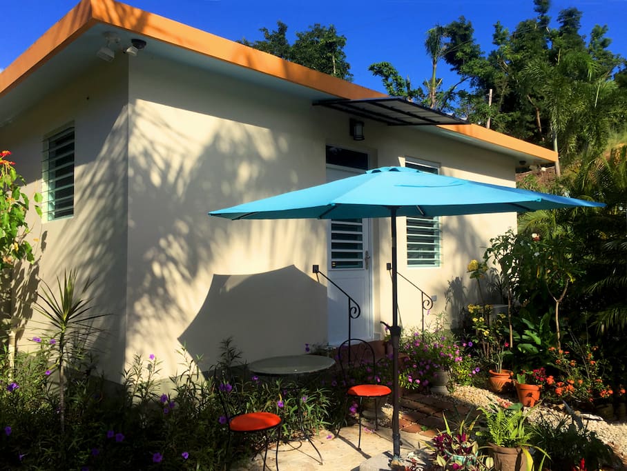 Patio area outside Casa La Joya guestroom. Your complimentary light breakfast will be waiting outside your door every morning.