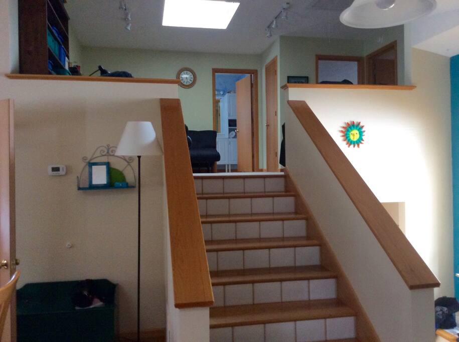 The guest area is accessed by a short flight of stairs.