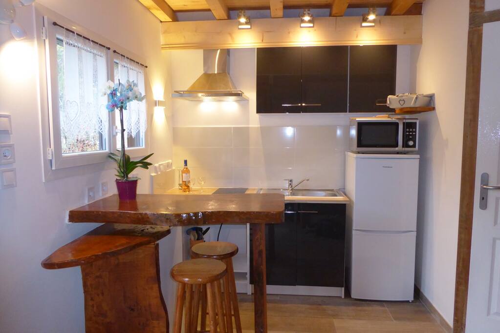 Cuisine toute équipée (four micro onde, four pyrolyse, frigo/congélateur, bouilloire, machine à café, plaque vitro céramique, service à raclette, service à fondue, etc...)