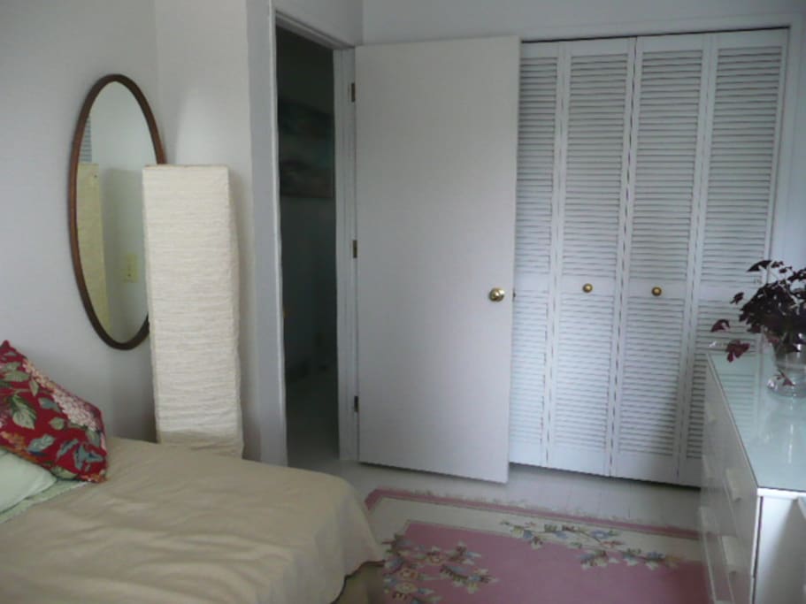 Single room with large closet and drawers.