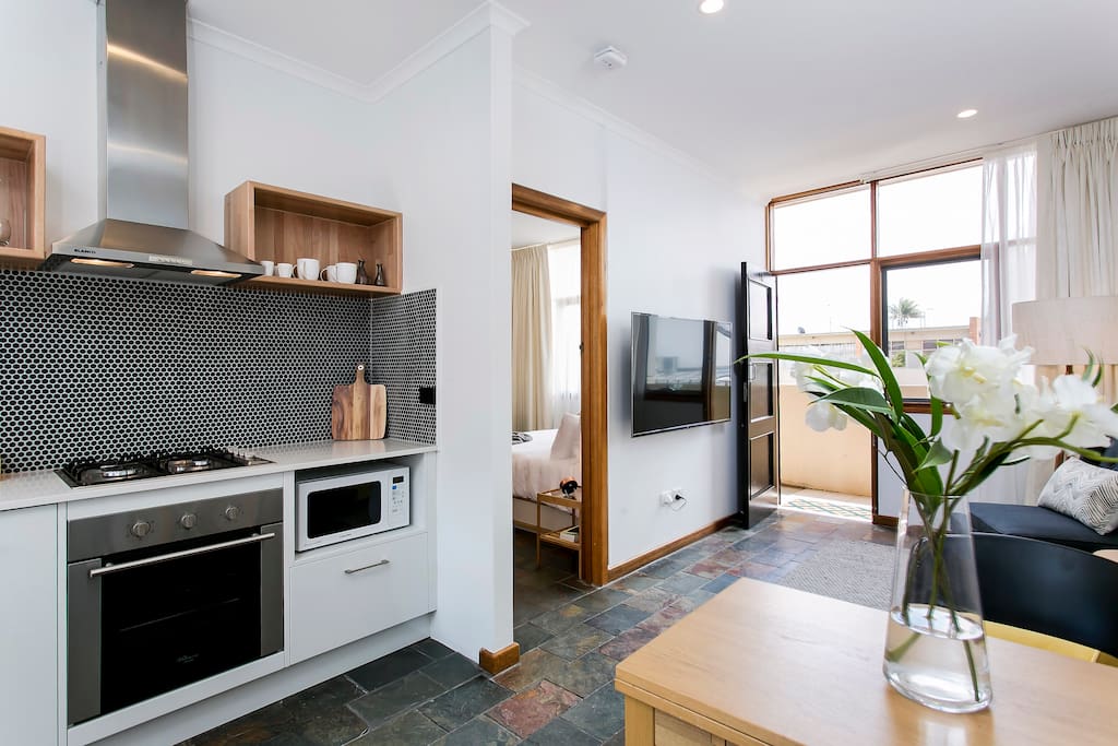 The fully functional kitchen and living area