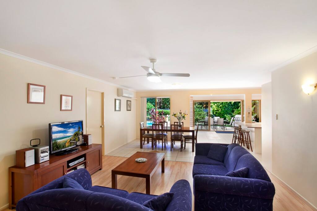 Lounge Room with LCD TV and Blue Ray Player and Stereo.