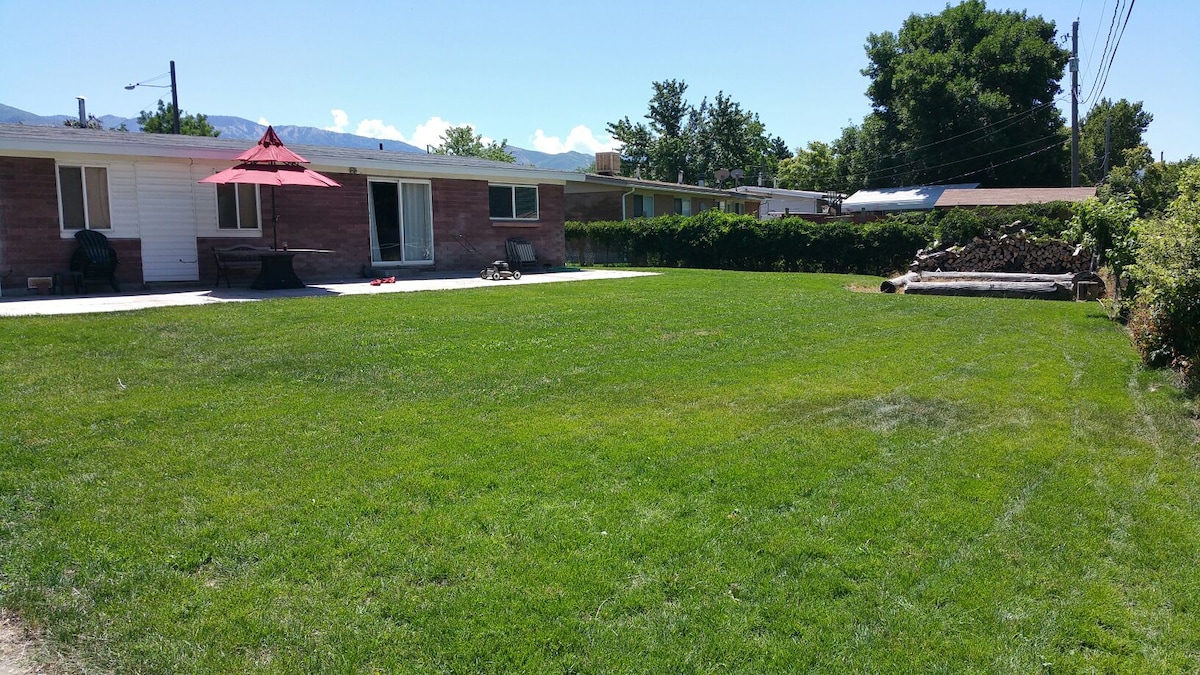 A spacious yard is framed by lush green grass under a clear blue sky. A red patio umbrella provides shade over a sitting area, while a pile of logs is neatly stacked along the edge. Nearby, hedges and trees add natural greenery to the landscape.