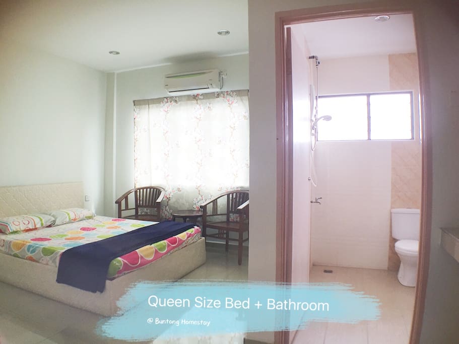 Queen size bed with private bathroom