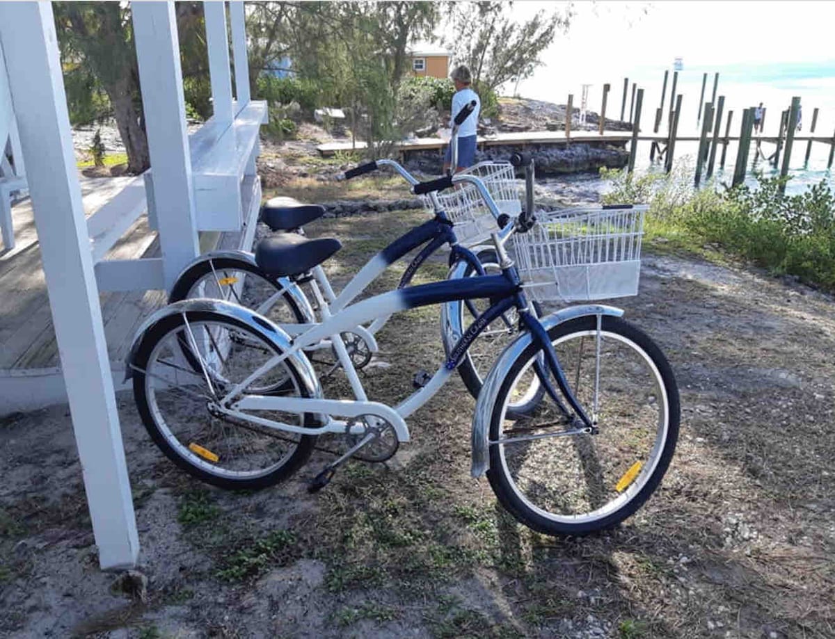 Two bicycles are parked on a sandy area beside a wooden structure. One bike is white and the other is blue, both equipped with front baskets. The backdrop features a scenic view of a dock and water, surrounded by greenery.