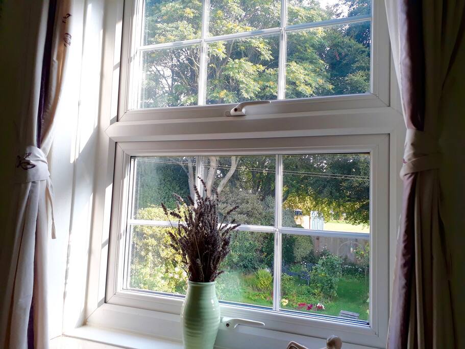 view from bed out to garden and trees