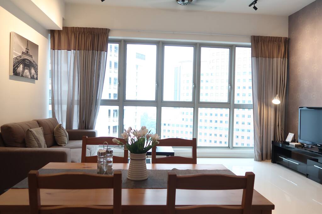 Overview of the living hall with TV set and hi-speed wifi