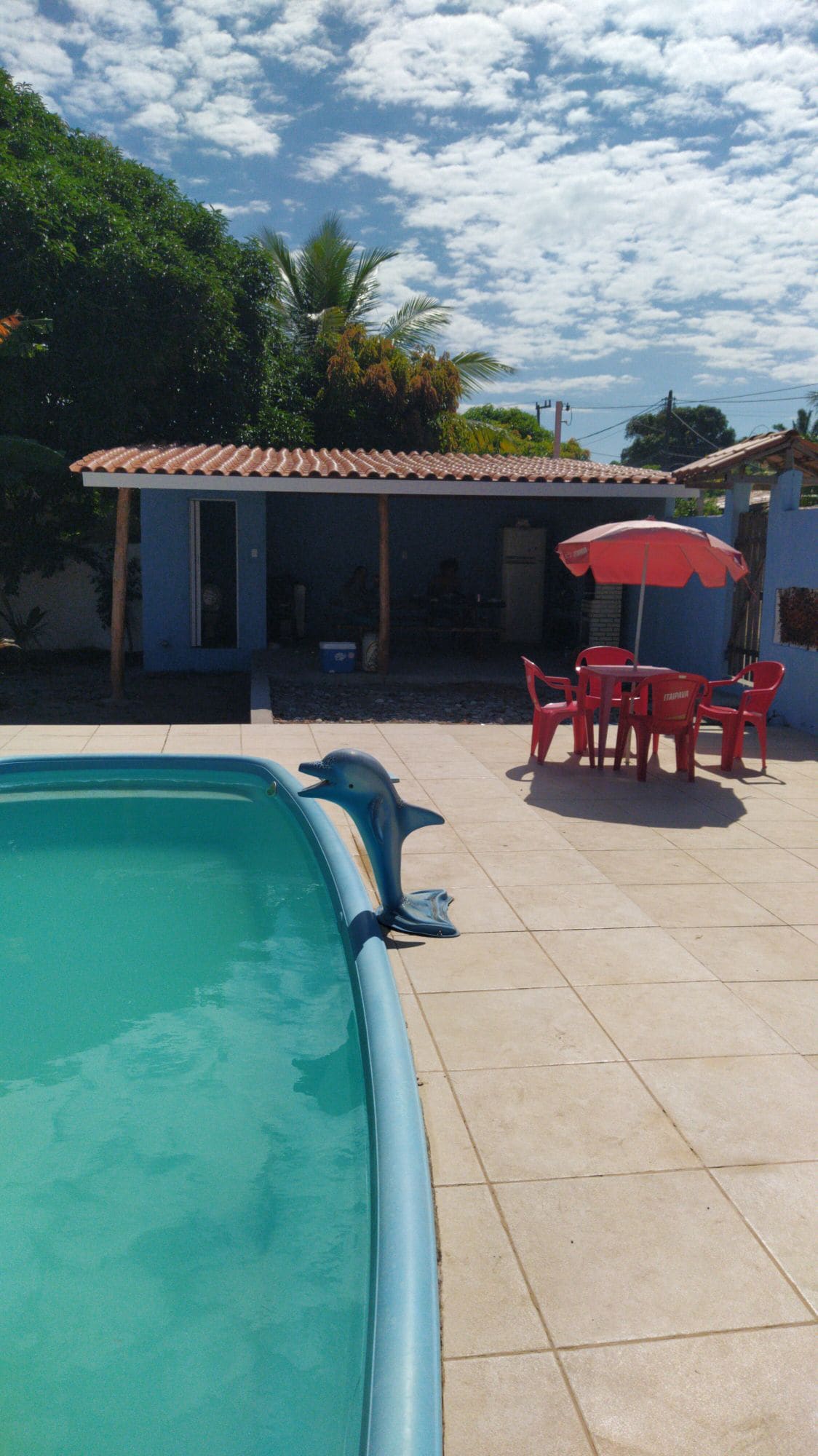 A sparkling swimming pool is shown in the foreground, with a decorative dolphin feature at the edge. Nearby, a shaded area holds a table with four red chairs under a matching umbrella. Lush greenery surrounds the space, under a partly cloudy sky.