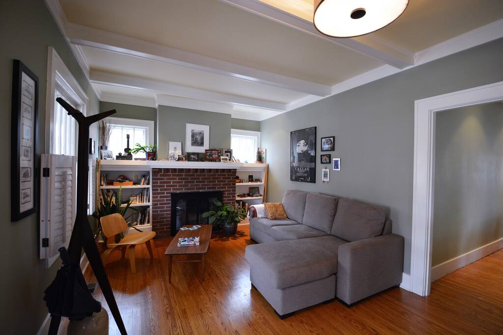 Cozy front room with fireplace.