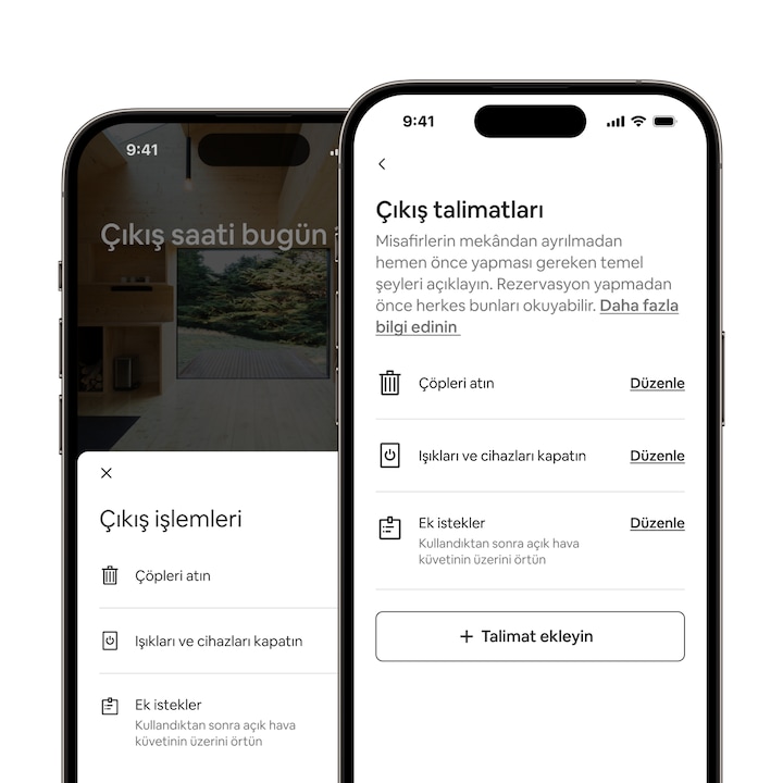 Sık kullanılan çıkış talimatlarının listesiyle birlikte yeni "yerleşik çıkış talimatları" özelliğini gösteren Airbnb uygulaması.