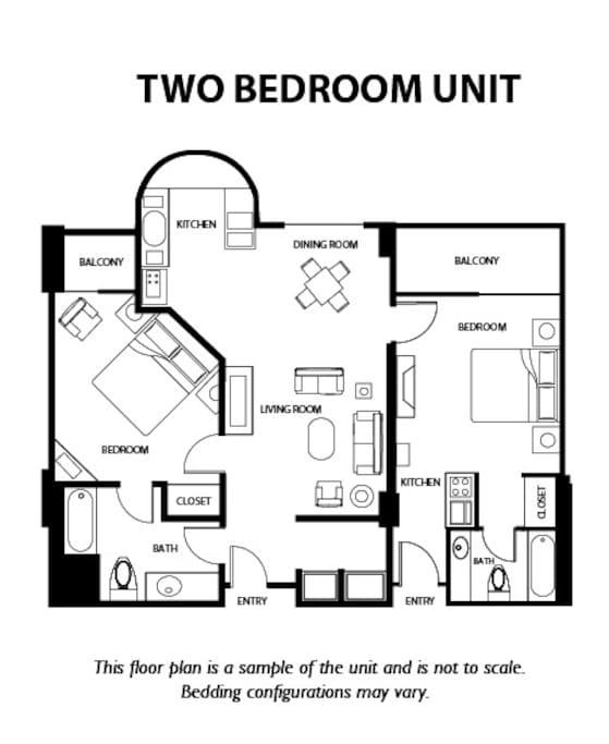 Layout of Room:
2 rooms, 3 beds, 2 bathrooms, 2 balconies, wet bar, front room, and full size kitchen.