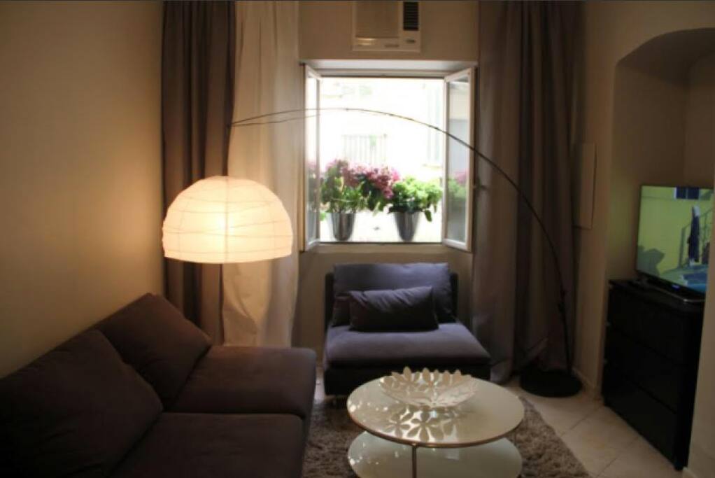 Living room adjourned with the kitchen (tv, coffee table etc.)