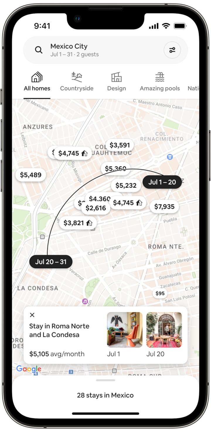 The screen of a mobile phone shows a map of Mexico City. The two homes that appeared on the previous screen are indicated by black icons displaying the dates of each stay. An arching black line shows how close the homes are to one another. An inset image repeats images of the two colourful patios associated with this Split Stay.