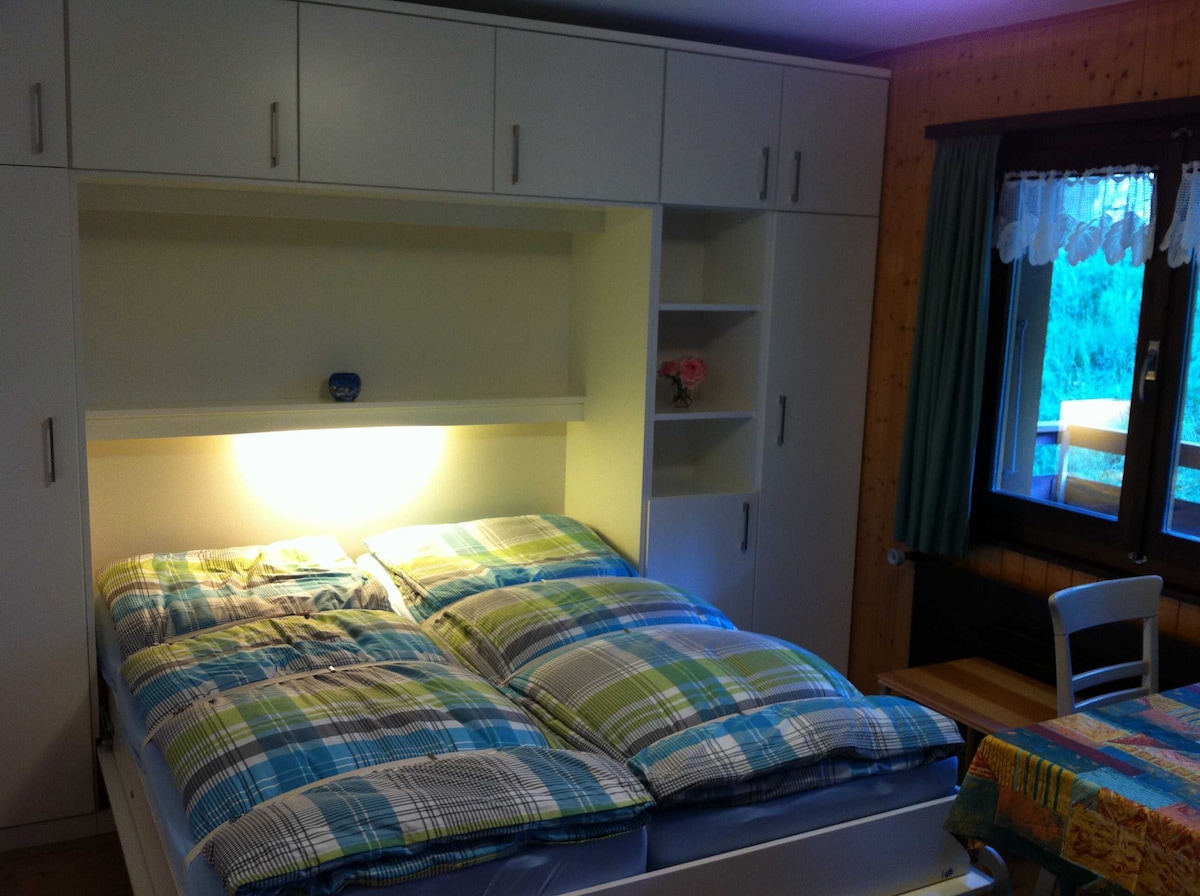 A multifunctional sleeping area features a modern foldable bed with cozy bedding in a plaid pattern. Soft lighting is positioned above the bed, illuminating a shelf with decorative items. A window offers a view of the outdoors, framed by light curtains.