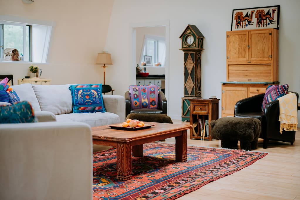 Great Room. Find the Bear! Couch is Queen Sofa Bed with Extra foam mattress