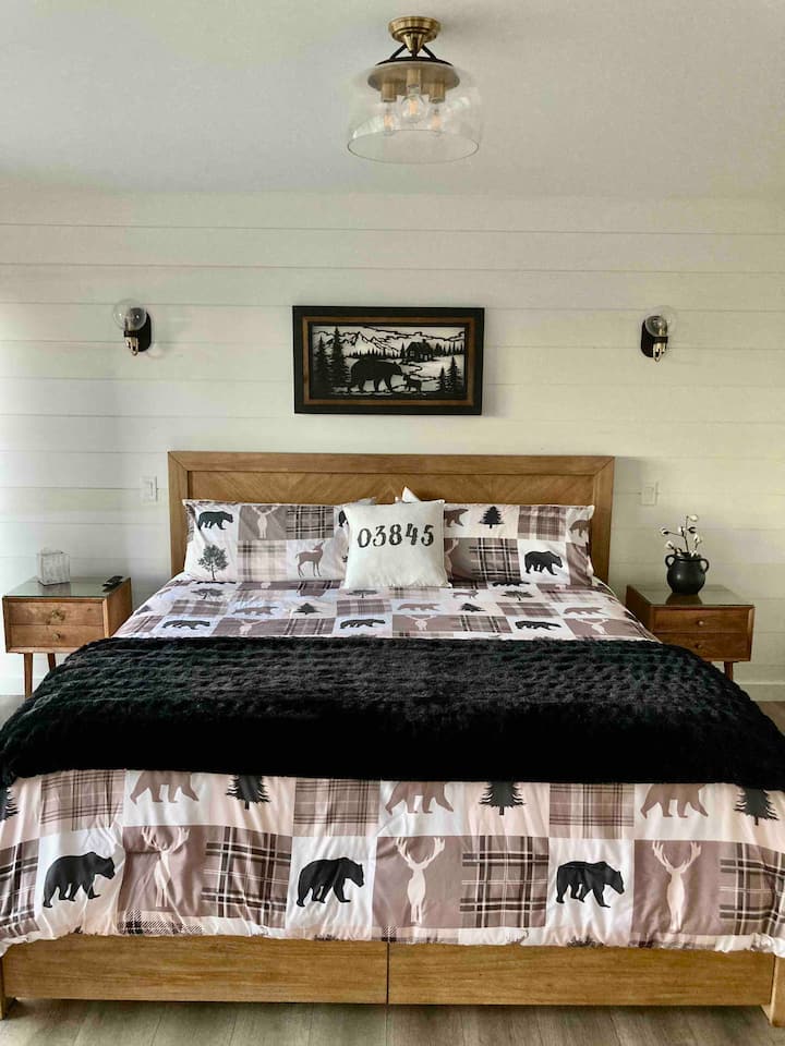 Main level bedroom with king bed.