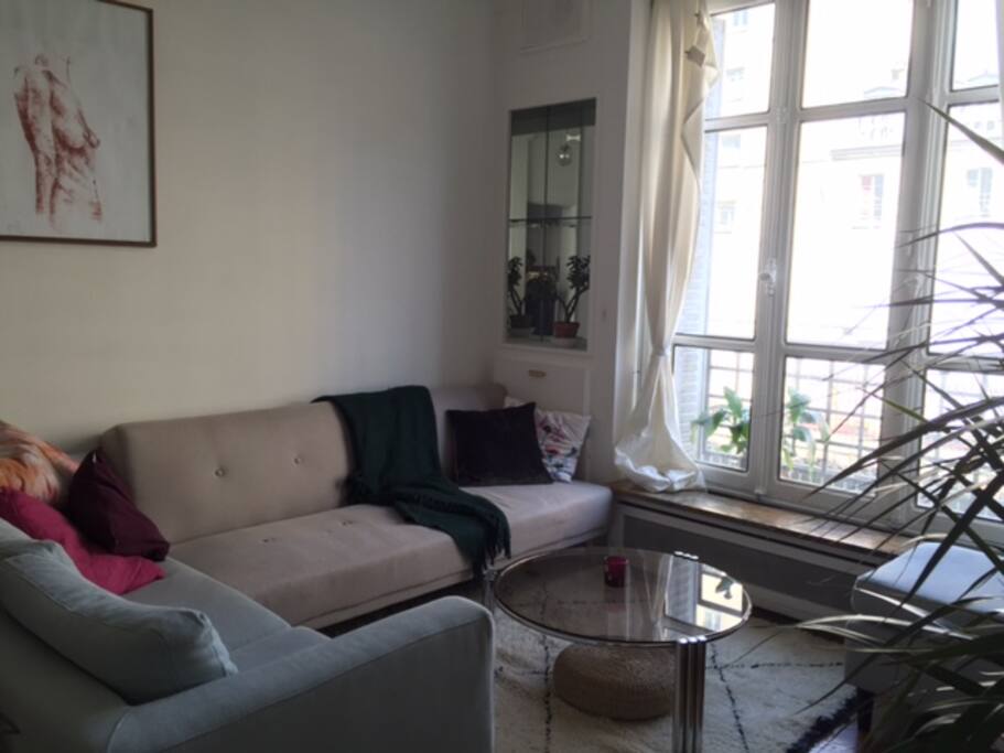 Light and spacious living room looking onto the abandoned railway