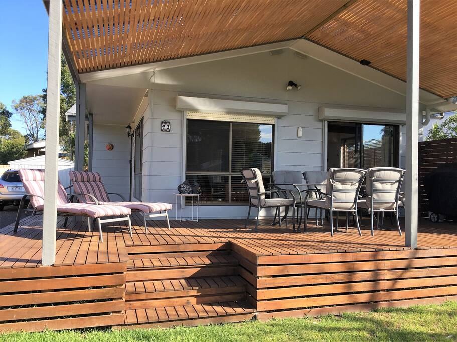 Wonderful relaxing north facing deck with pergola, barbacue and outdoor furniture
