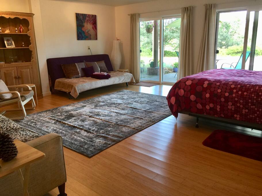 Spacious Studio with Queen Bed , and extra futon bed and sofa, offering plenty of space and views of the mountain