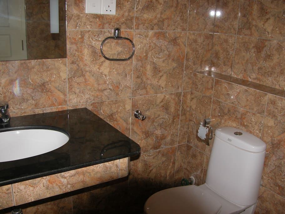 fully tiled shower room with sink laid into black marble pedestal