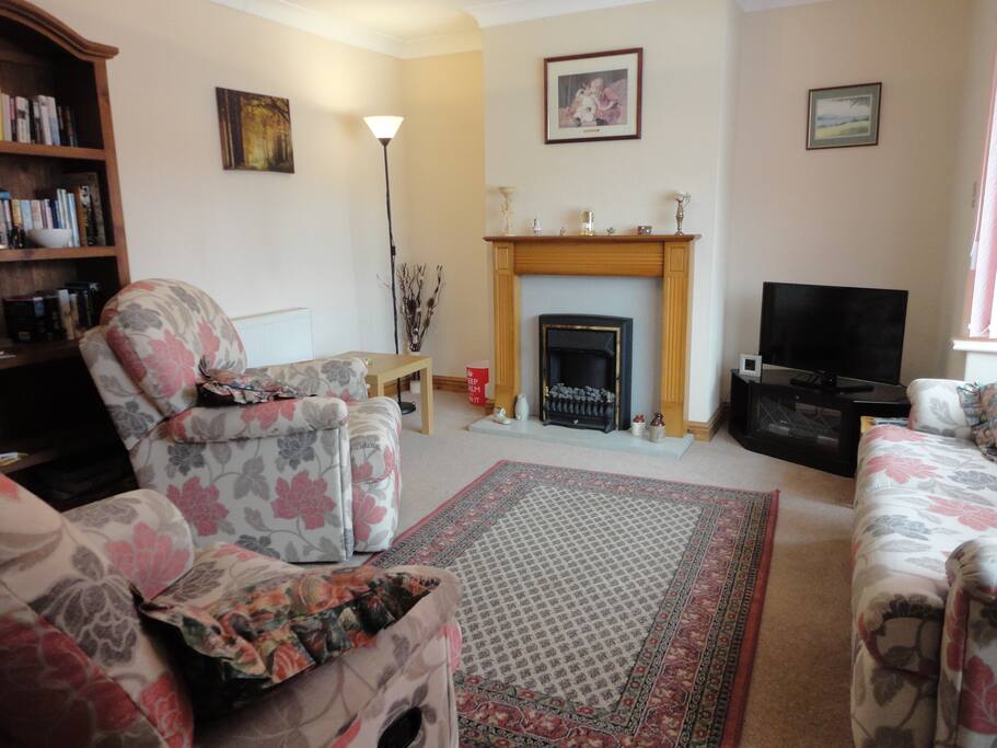 lounge with tv, books, dvd player,