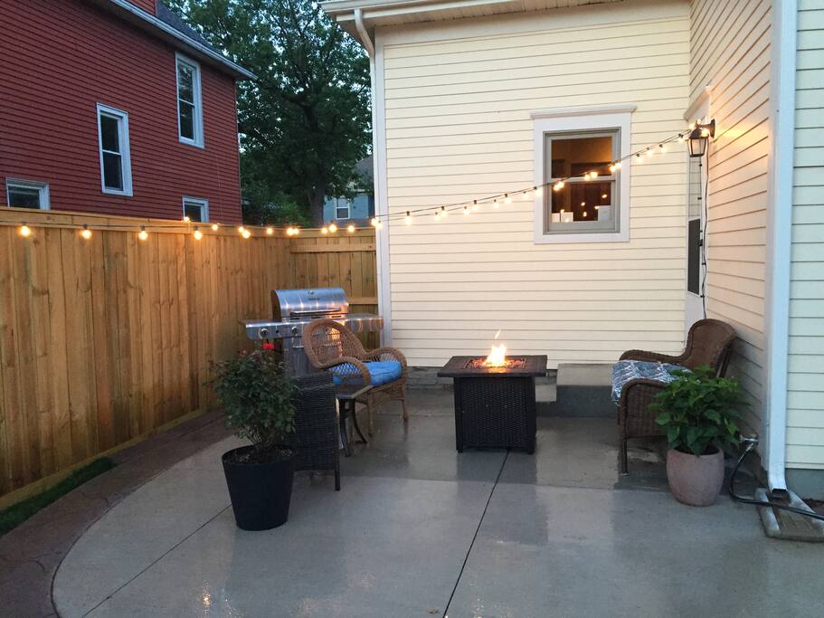 Patio with propane fire pit and grill